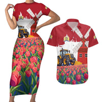Netherlands Farm Landscape Couples Matching Short Sleeve Bodycon Dress and Hawaiian Shirt with Tractor and Tulips