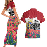 Netherlands Farm Landscape Couples Matching Short Sleeve Bodycon Dress and Hawaiian Shirt with Tractor and Tulips
