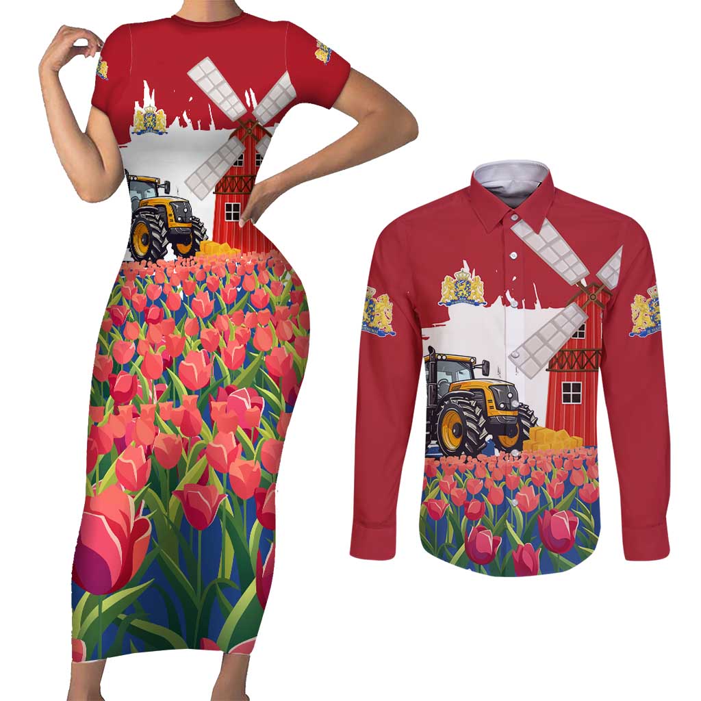 Netherlands Farm Landscape Couples Matching Short Sleeve Bodycon Dress and Long Sleeve Button Shirt with Tractor and Tulips