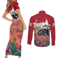 Netherlands Farm Landscape Couples Matching Short Sleeve Bodycon Dress and Long Sleeve Button Shirt with Tractor and Tulips