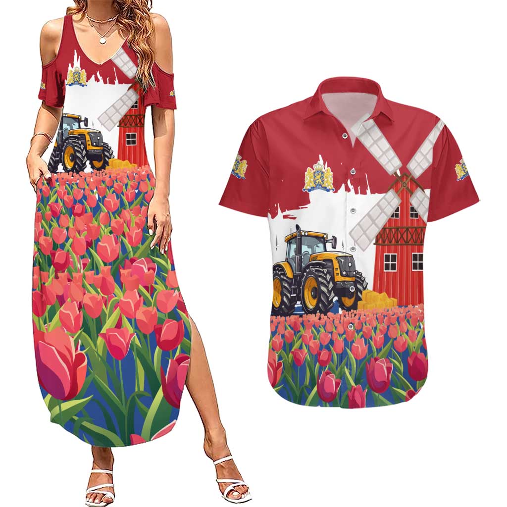 Netherlands Farm Landscape Couples Matching Summer Maxi Dress and Hawaiian Shirt with Tractor and Tulips
