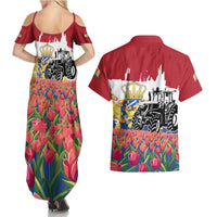 Netherlands Farm Landscape Couples Matching Summer Maxi Dress and Hawaiian Shirt with Tractor and Tulips