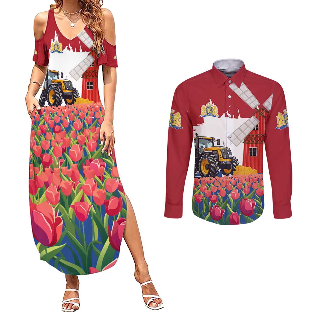 Netherlands Farm Landscape Couples Matching Summer Maxi Dress and Long Sleeve Button Shirt with Tractor and Tulips