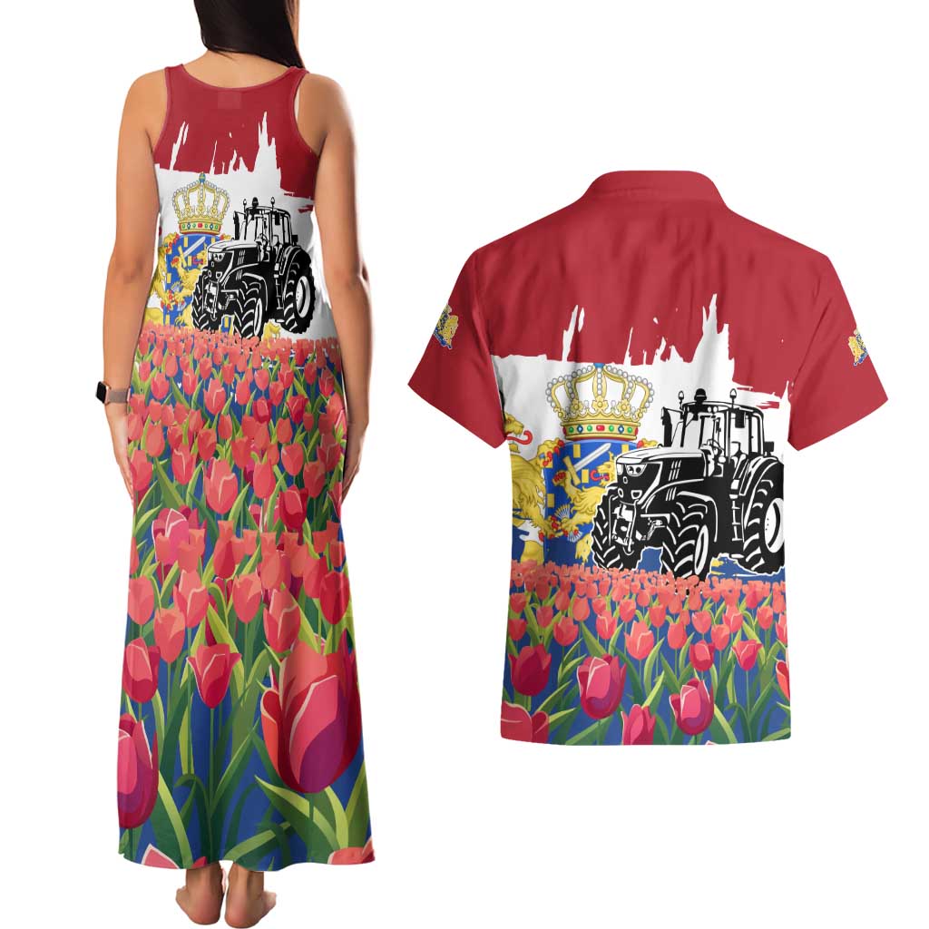 Netherlands Farm Landscape Couples Matching Tank Maxi Dress and Hawaiian Shirt with Tractor and Tulips
