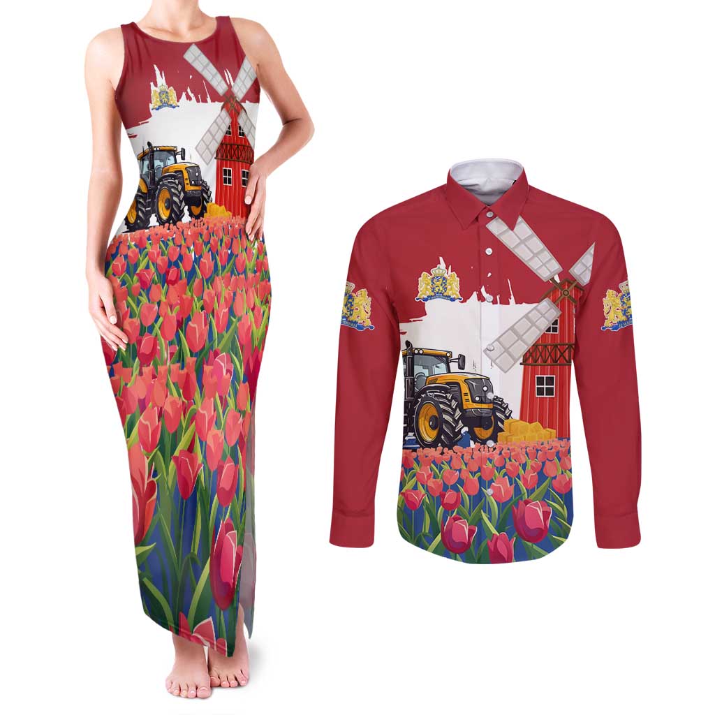 Netherlands Farm Landscape Couples Matching Tank Maxi Dress and Long Sleeve Button Shirt with Tractor and Tulips