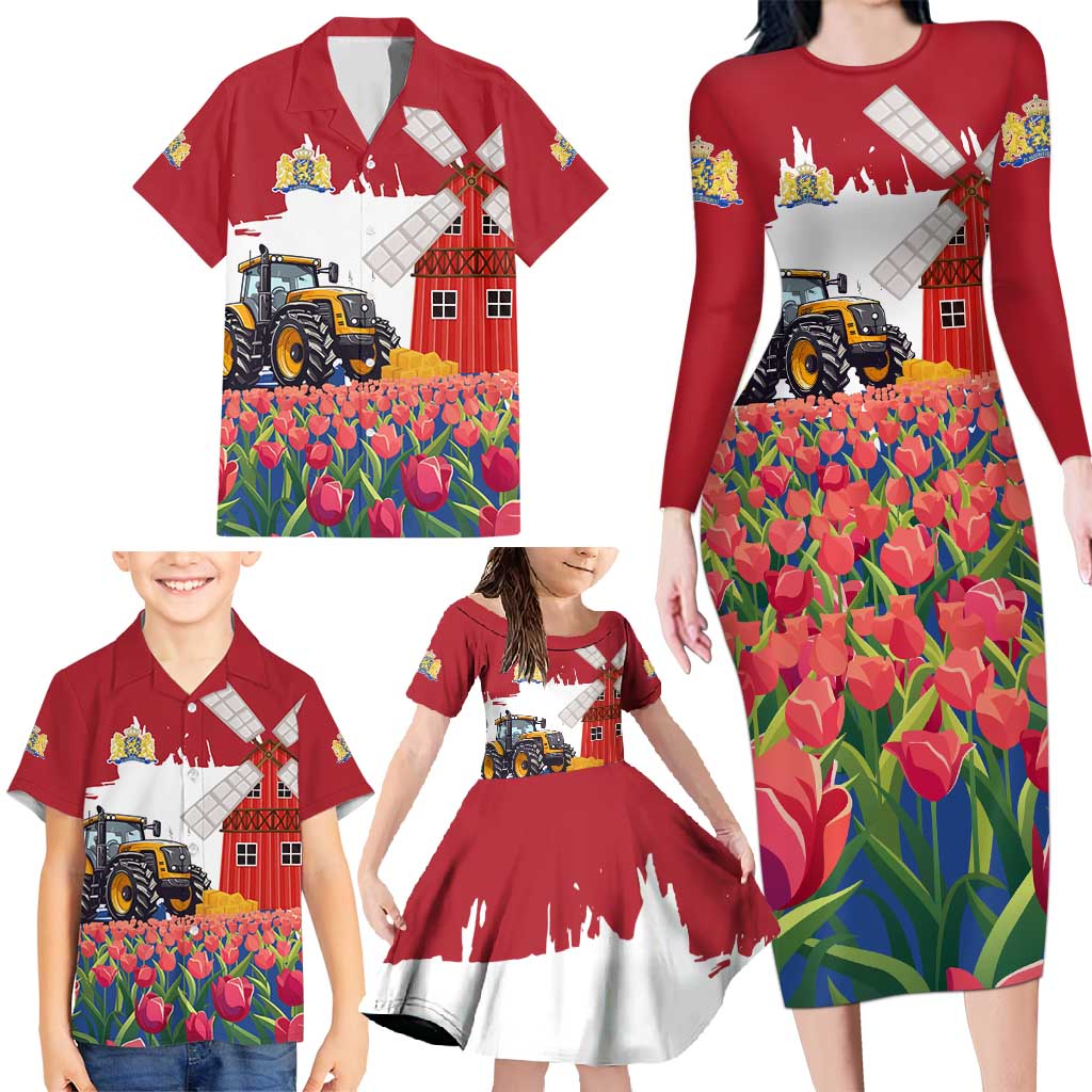Netherlands Farm Landscape Family Matching Long Sleeve Bodycon Dress and Hawaiian Shirt with Tractor and Tulips
