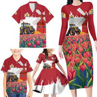 Netherlands Farm Landscape Family Matching Long Sleeve Bodycon Dress and Hawaiian Shirt with Tractor and Tulips