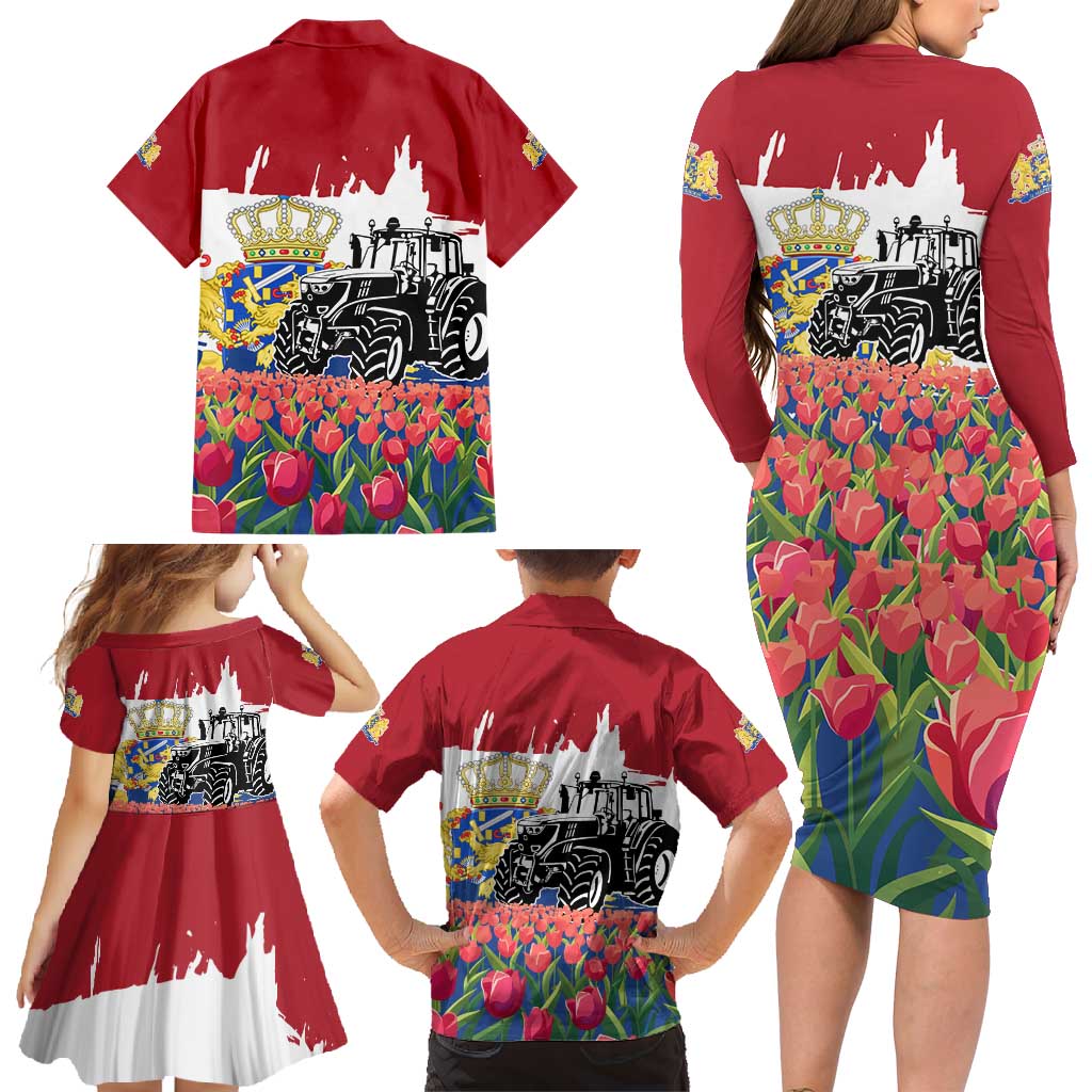 Netherlands Farm Landscape Family Matching Long Sleeve Bodycon Dress and Hawaiian Shirt with Tractor and Tulips