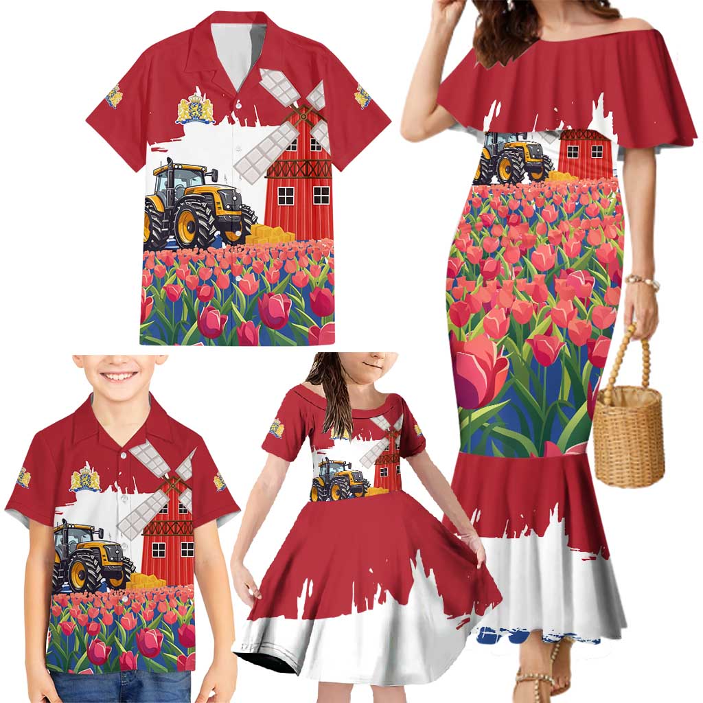 Netherlands Farm Landscape Family Matching Mermaid Dress and Hawaiian Shirt with Tractor and Tulips