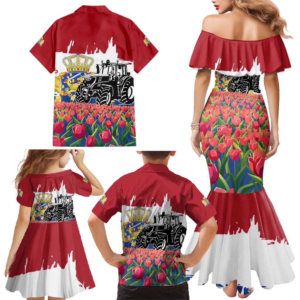 Netherlands Farm Landscape Family Matching Mermaid Dress and Hawaiian Shirt with Tractor and Tulips