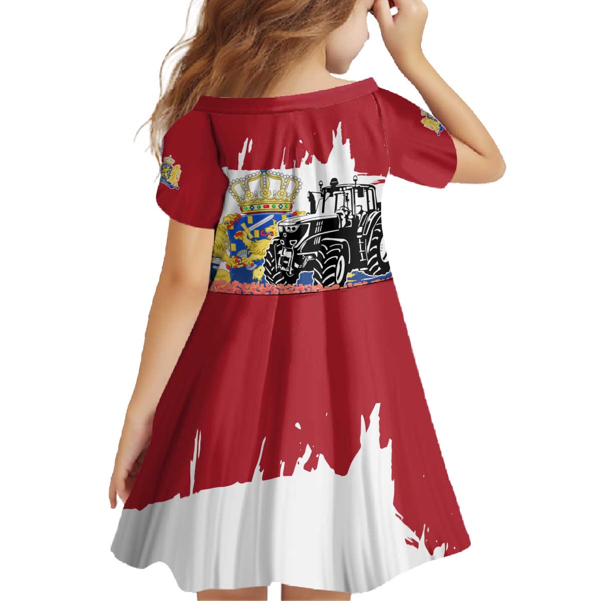 Netherlands Farm Landscape Family Matching Off The Shoulder Long Sleeve Dress and Hawaiian Shirt with Tractor and Tulips