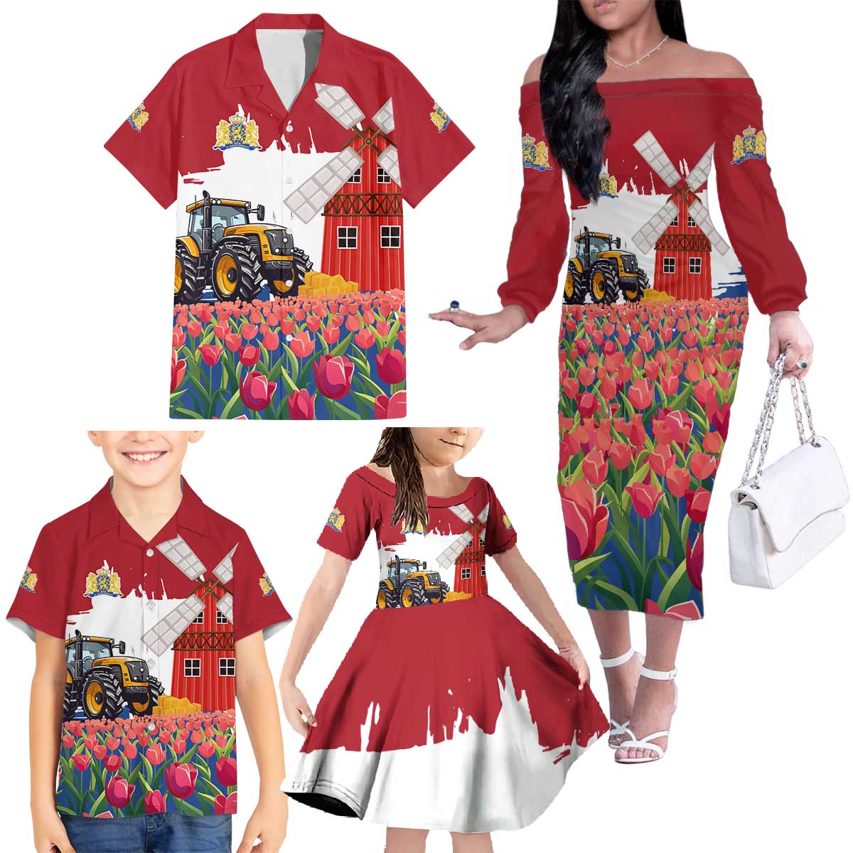 Netherlands Farm Landscape Family Matching Off The Shoulder Long Sleeve Dress and Hawaiian Shirt with Tractor and Tulips