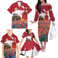 Netherlands Farm Landscape Family Matching Off The Shoulder Long Sleeve Dress and Hawaiian Shirt with Tractor and Tulips