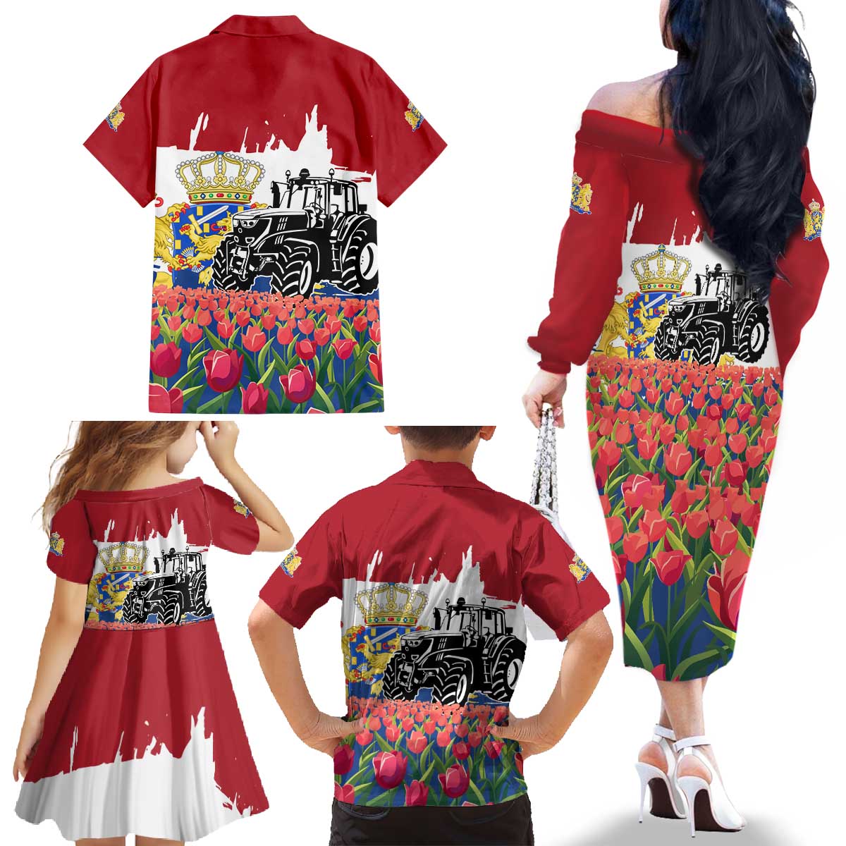 Netherlands Farm Landscape Family Matching Off The Shoulder Long Sleeve Dress and Hawaiian Shirt with Tractor and Tulips