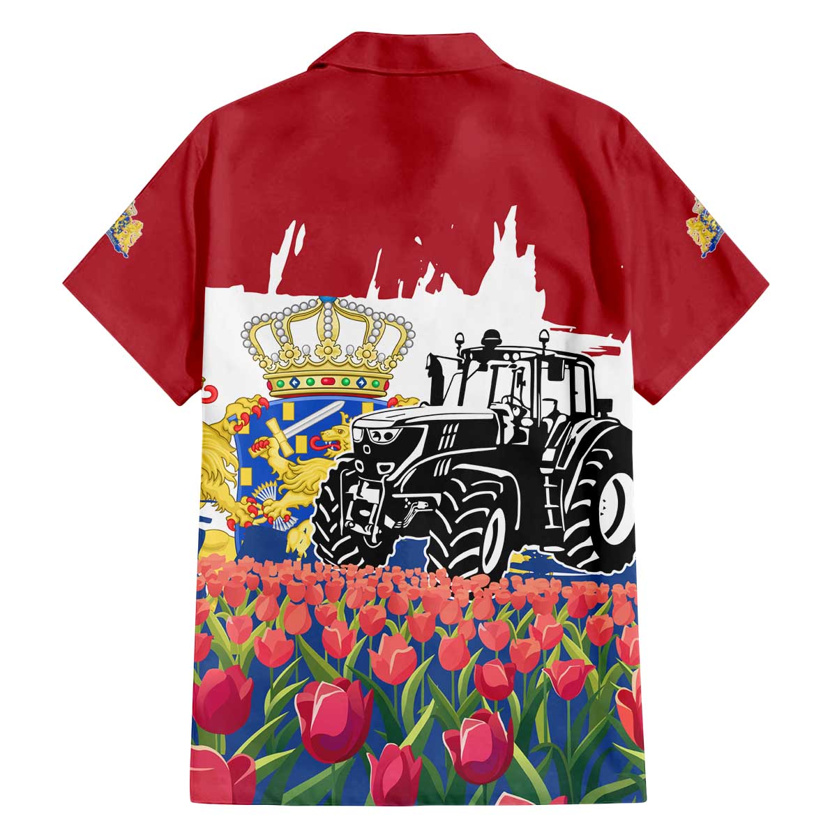 Netherlands Farm Landscape Family Matching Off The Shoulder Long Sleeve Dress and Hawaiian Shirt with Tractor and Tulips