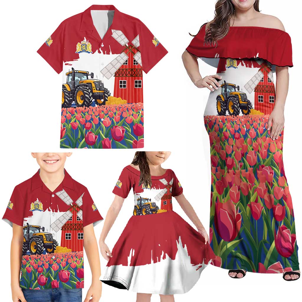 Netherlands Farm Landscape Family Matching Off Shoulder Maxi Dress and Hawaiian Shirt with Tractor and Tulips