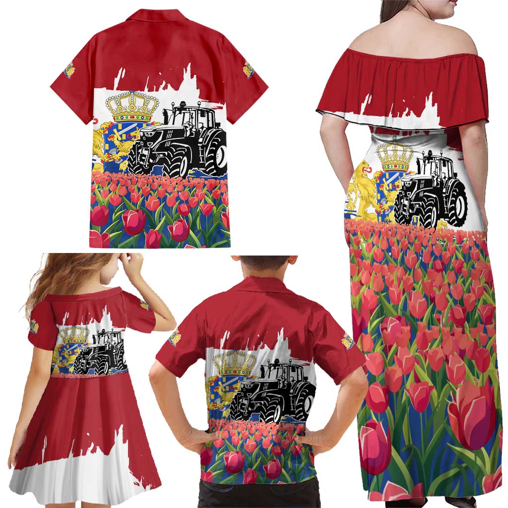 Netherlands Farm Landscape Family Matching Off Shoulder Maxi Dress and Hawaiian Shirt with Tractor and Tulips