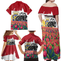 Netherlands Farm Landscape Family Matching Off Shoulder Maxi Dress and Hawaiian Shirt with Tractor and Tulips