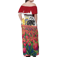 Netherlands Farm Landscape Family Matching Off Shoulder Maxi Dress and Hawaiian Shirt with Tractor and Tulips