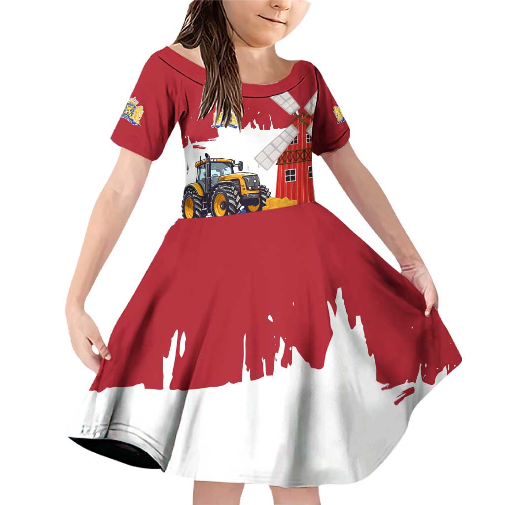 Netherlands Farm Landscape Family Matching Off Shoulder Short Dress and Hawaiian Shirt with Tractor and Tulips