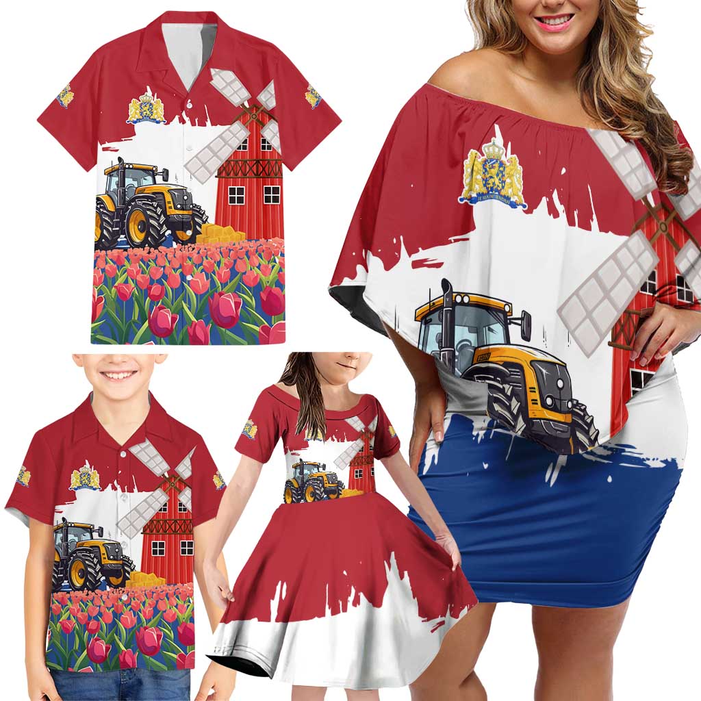 Netherlands Farm Landscape Family Matching Off Shoulder Short Dress and Hawaiian Shirt with Tractor and Tulips