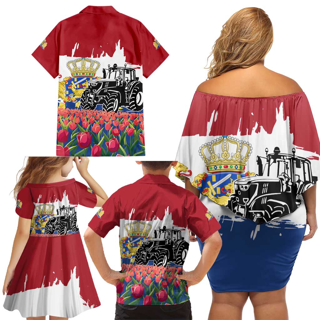 Netherlands Farm Landscape Family Matching Off Shoulder Short Dress and Hawaiian Shirt with Tractor and Tulips