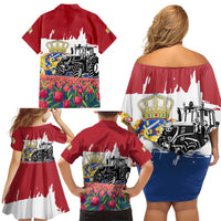 Netherlands Farm Landscape Family Matching Off Shoulder Short Dress and Hawaiian Shirt with Tractor and Tulips