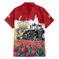 Netherlands Farm Landscape Family Matching Off Shoulder Short Dress and Hawaiian Shirt with Tractor and Tulips