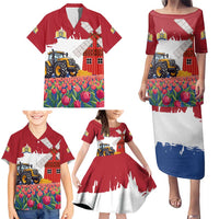 Netherlands Farm Landscape Family Matching Puletasi and Hawaiian Shirt with Tractor and Tulips
