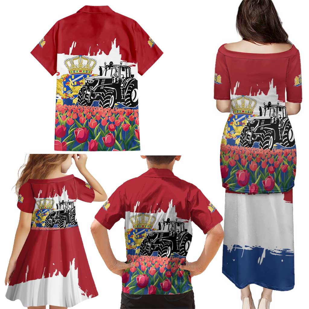 Netherlands Farm Landscape Family Matching Puletasi and Hawaiian Shirt with Tractor and Tulips