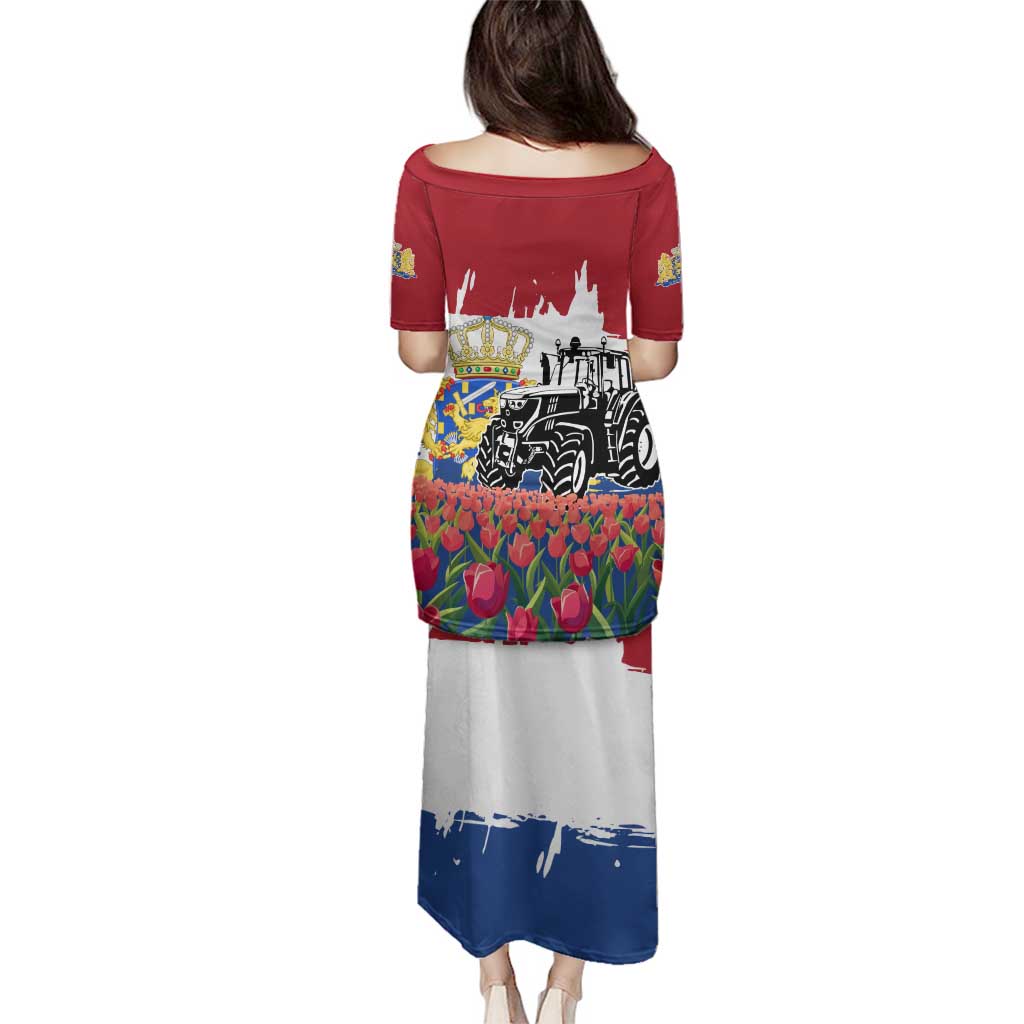 Netherlands Farm Landscape Family Matching Puletasi and Hawaiian Shirt with Tractor and Tulips