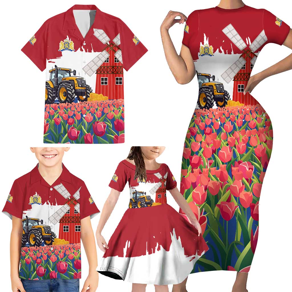 Netherlands Farm Landscape Family Matching Short Sleeve Bodycon Dress and Hawaiian Shirt with Tractor and Tulips