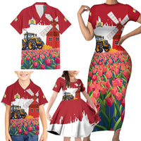 Netherlands Farm Landscape Family Matching Short Sleeve Bodycon Dress and Hawaiian Shirt with Tractor and Tulips