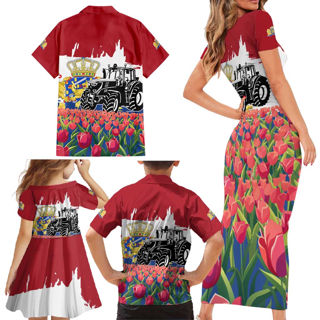 Netherlands Farm Landscape Family Matching Short Sleeve Bodycon Dress and Hawaiian Shirt with Tractor and Tulips