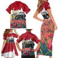 Netherlands Farm Landscape Family Matching Short Sleeve Bodycon Dress and Hawaiian Shirt with Tractor and Tulips