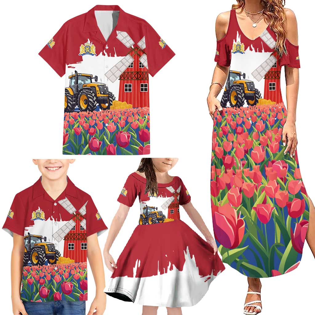 Netherlands Farm Landscape Family Matching Summer Maxi Dress and Hawaiian Shirt with Tractor and Tulips