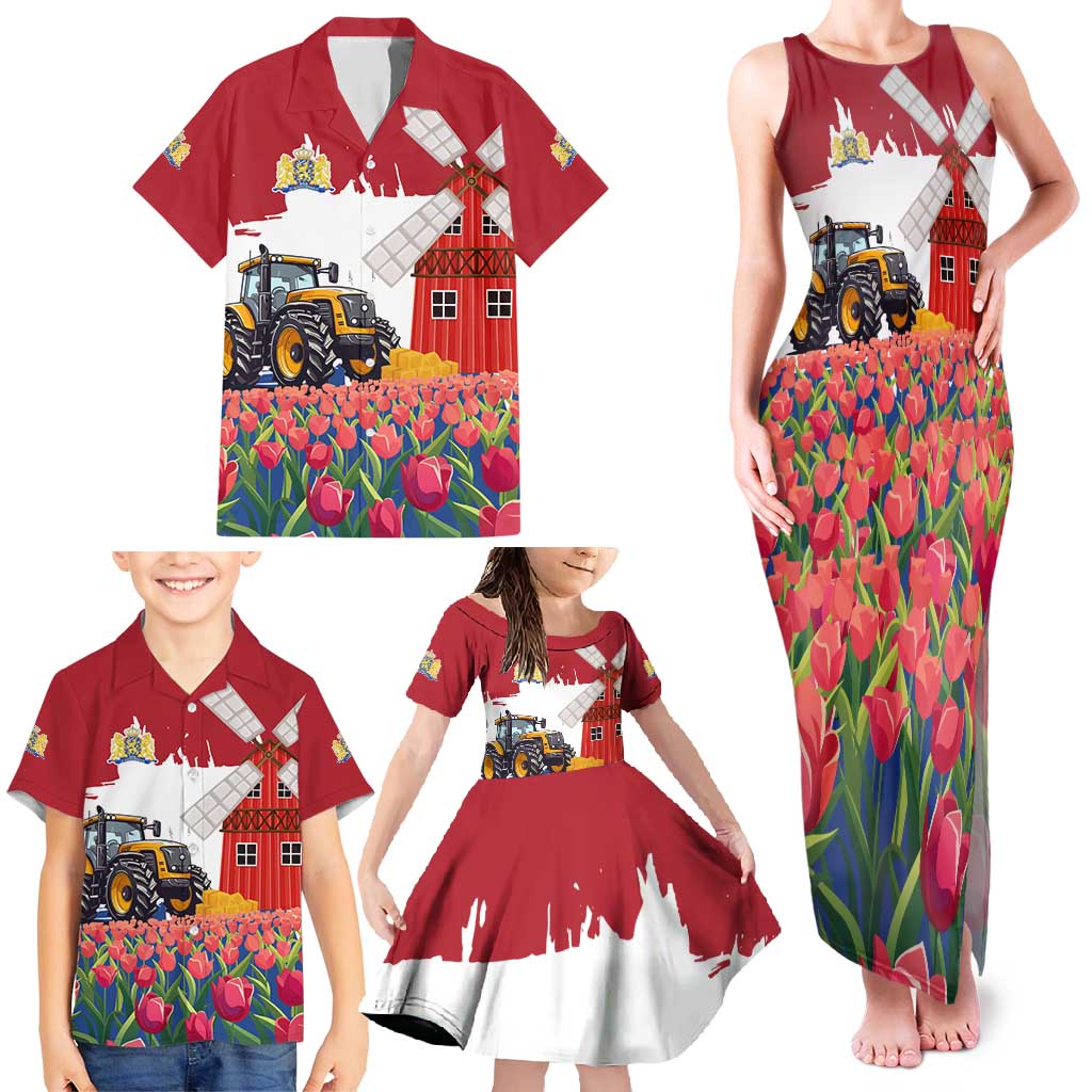 Netherlands Farm Landscape Family Matching Tank Maxi Dress and Hawaiian Shirt with Tractor and Tulips