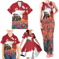 Netherlands Farm Landscape Family Matching Tank Maxi Dress and Hawaiian Shirt with Tractor and Tulips