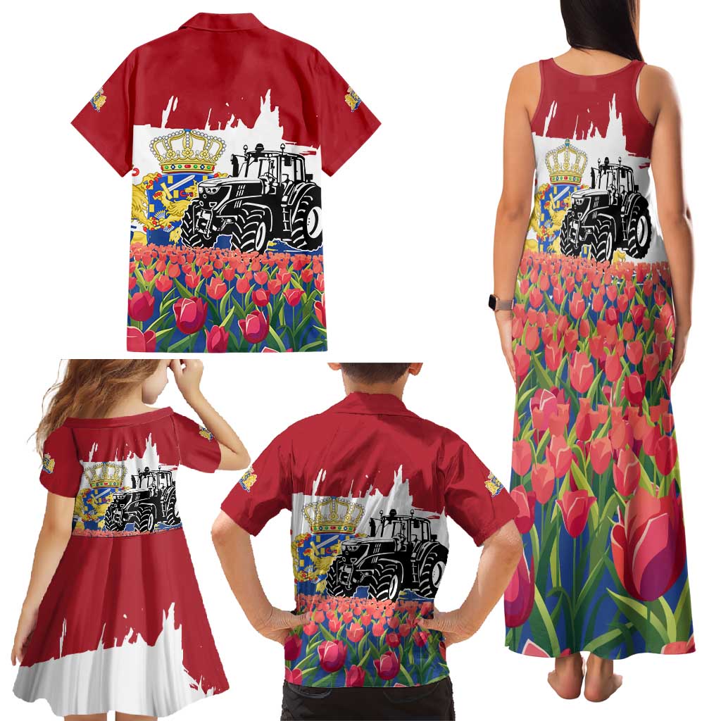 Netherlands Farm Landscape Family Matching Tank Maxi Dress and Hawaiian Shirt with Tractor and Tulips