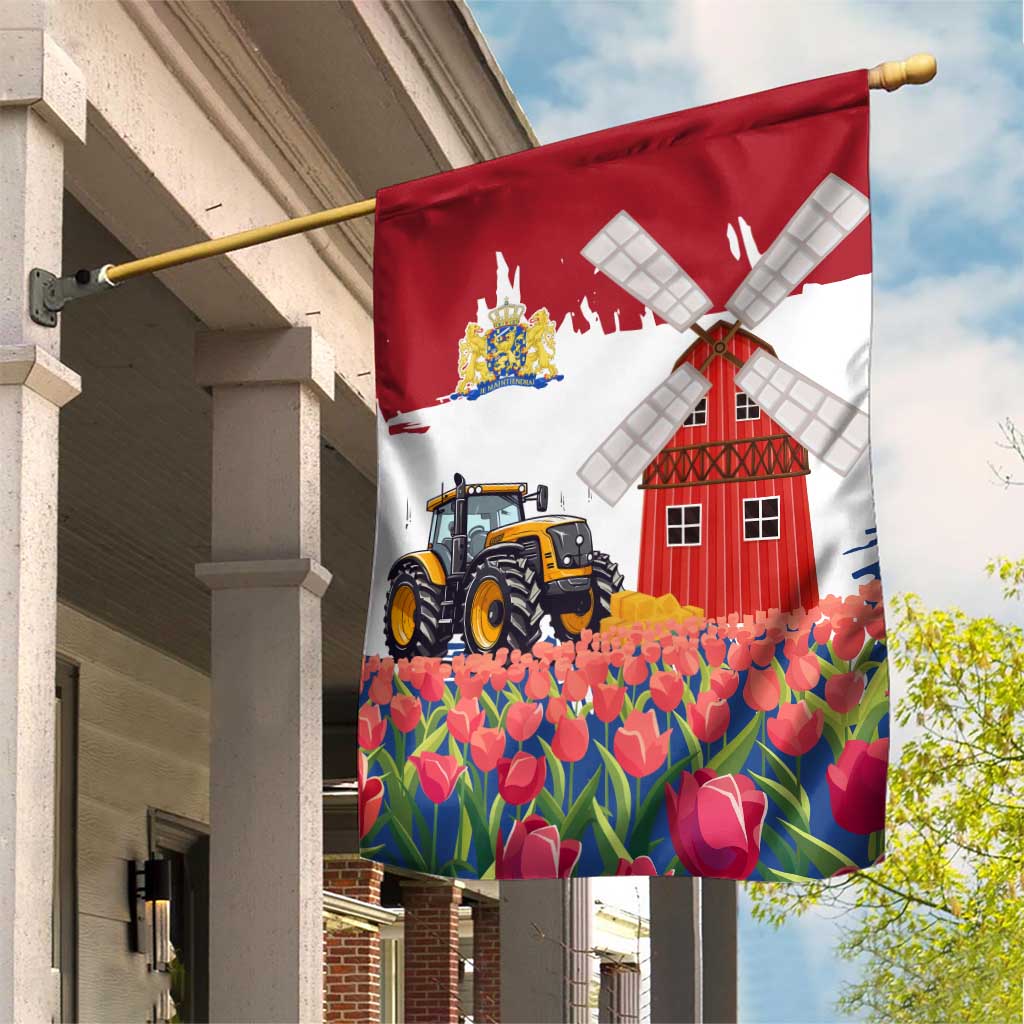 Netherlands Farm Landscape Garden Flag with Tractor and Tulips