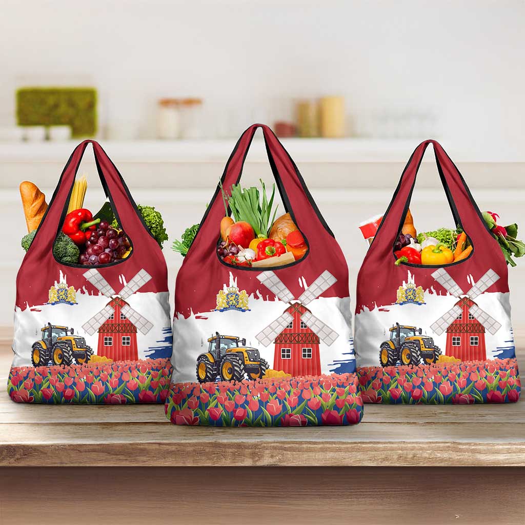 Netherlands Farm Landscape Grocery Bag with Tractor and Tulips