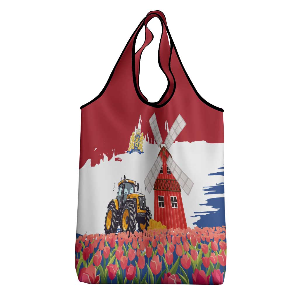 Netherlands Farm Landscape Grocery Bag with Tractor and Tulips