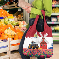 Netherlands Farm Landscape Grocery Bag with Tractor and Tulips