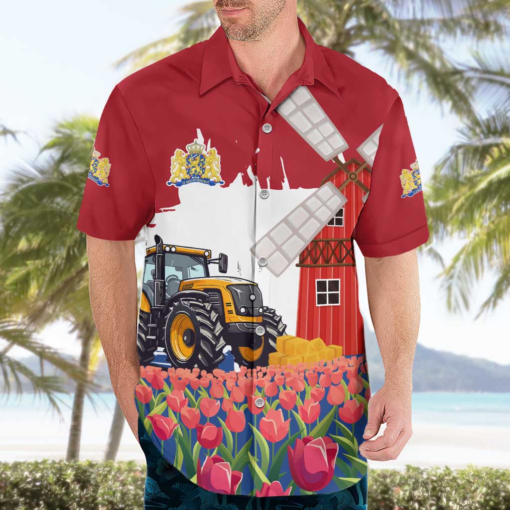 Netherlands Farm Landscape Hawaiian Shirt with Tractor and Tulips