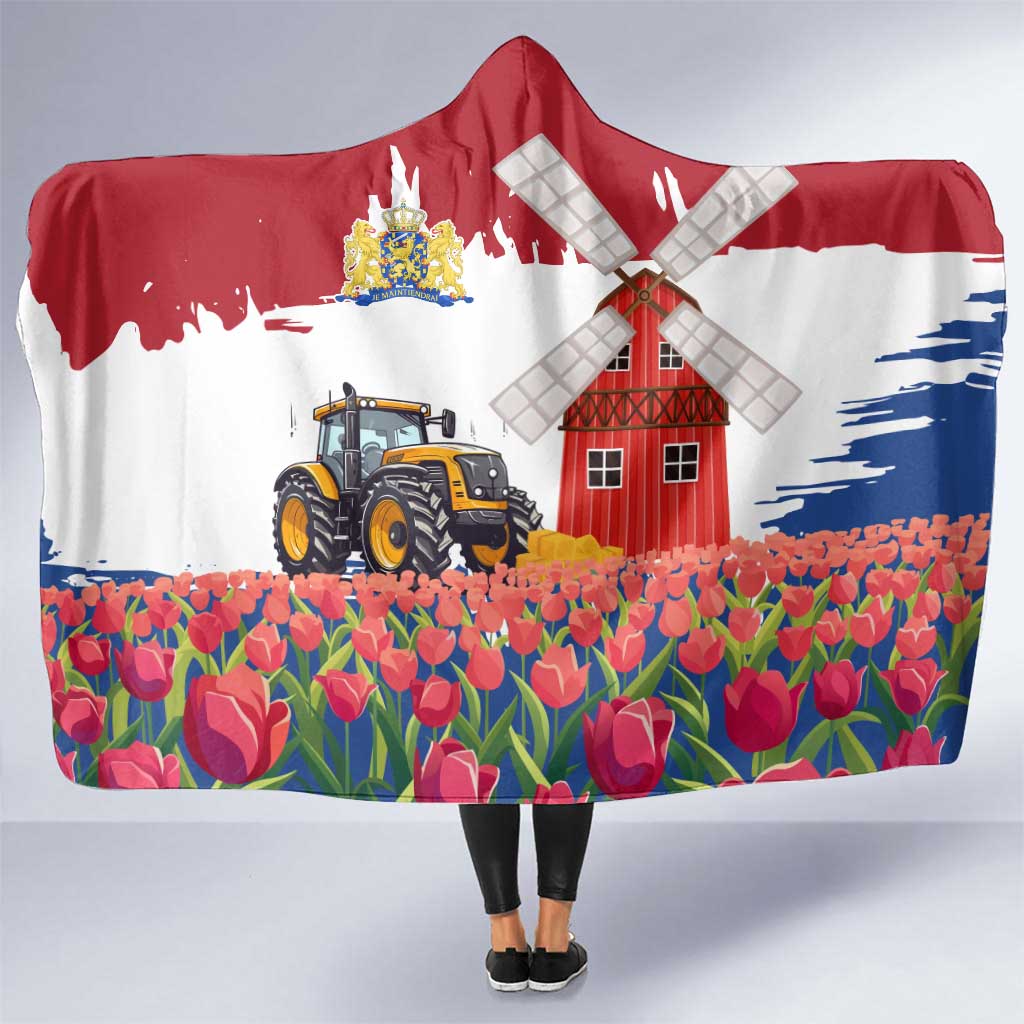 Netherlands Farm Landscape Hooded Blanket with Tractor and Tulips