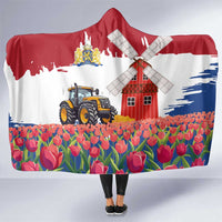 Netherlands Farm Landscape Hooded Blanket with Tractor and Tulips
