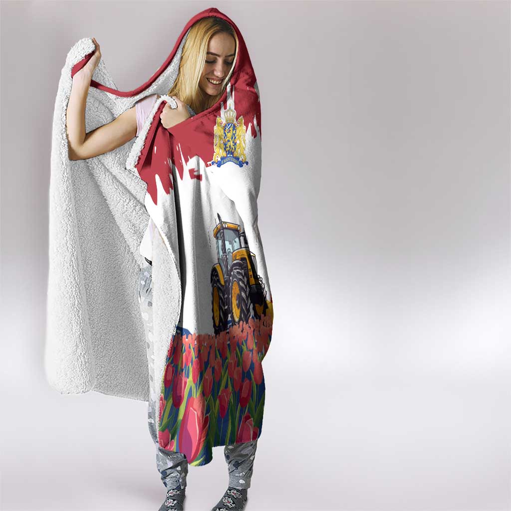 Netherlands Farm Landscape Hooded Blanket with Tractor and Tulips