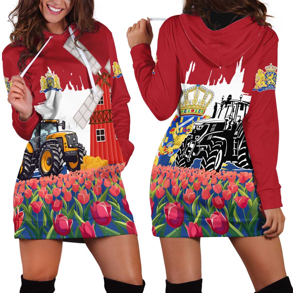 Netherlands Farm Landscape Hoodie Dress with Tractor and Tulips