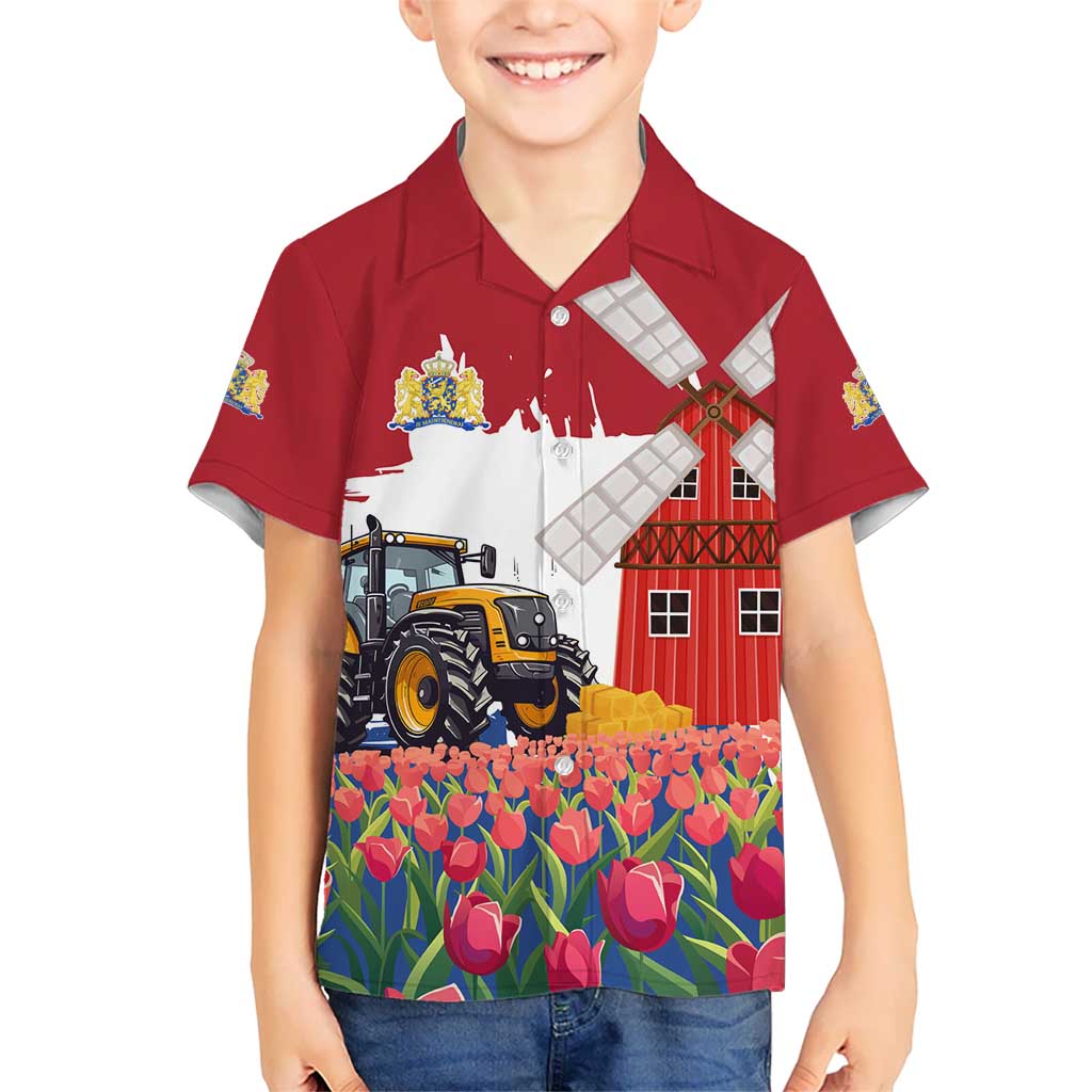 Netherlands Farm Landscape Kid Hawaiian Shirt with Tractor and Tulips
