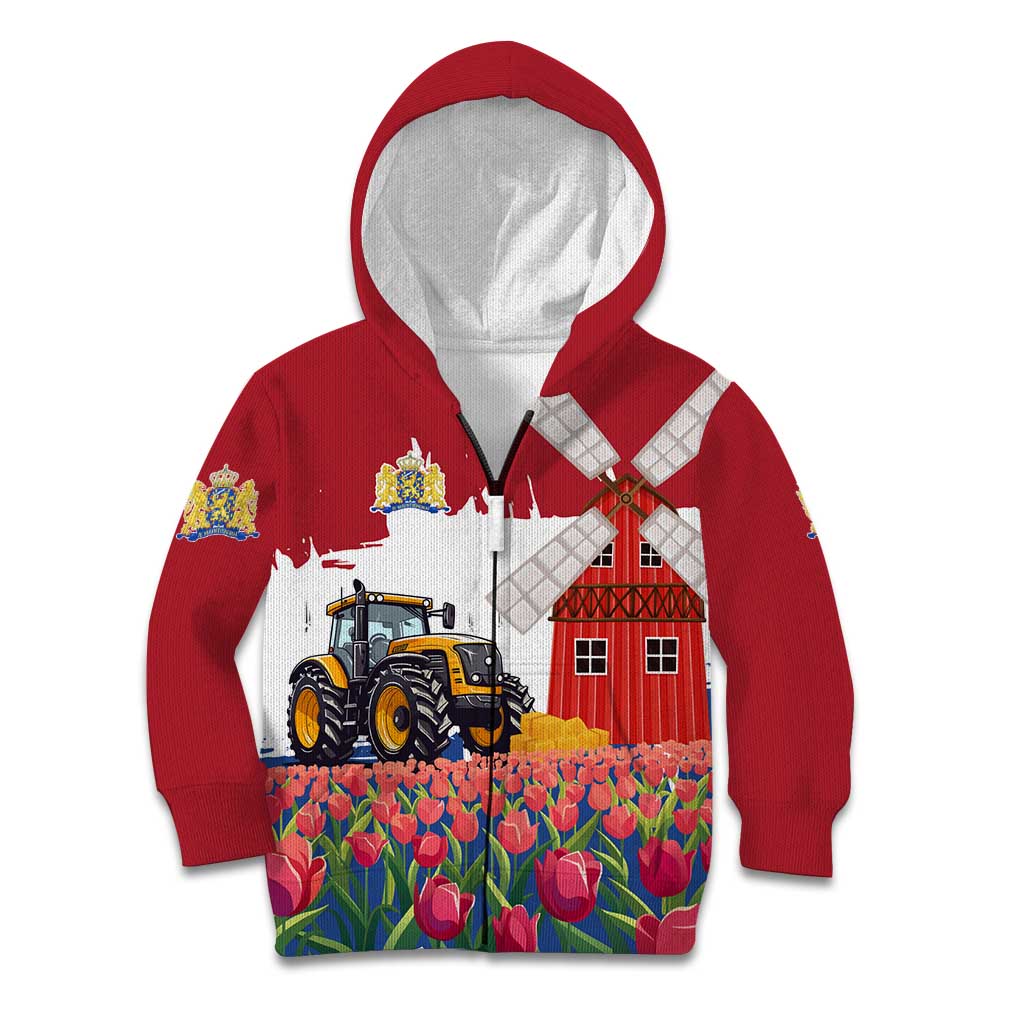Netherlands Farm Landscape Kid Hoodie with Tractor and Tulips